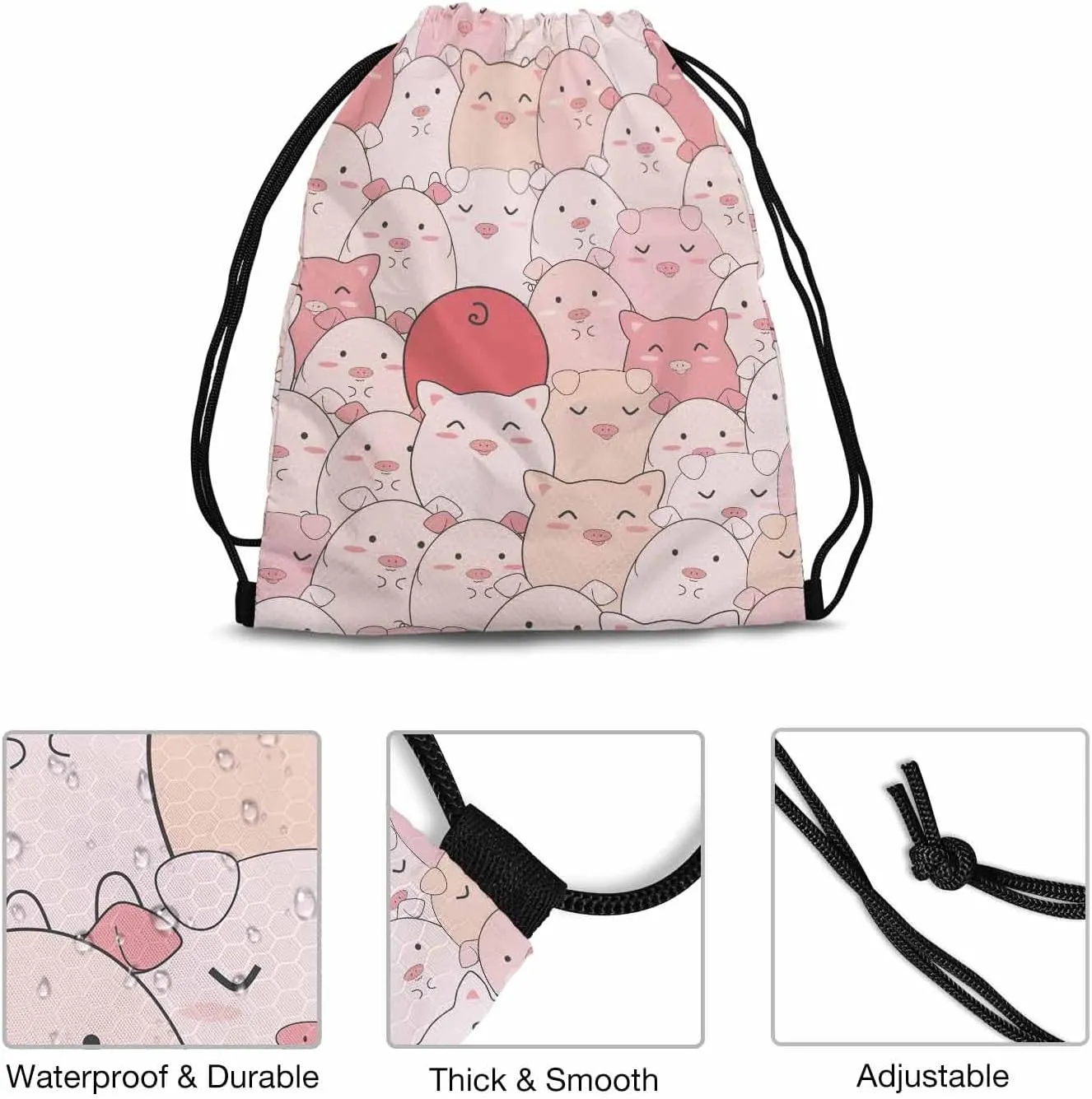 Drawstring Bag Cute Pigs Waterproof Basketball Bag Cartoon Funny Smile Animal Seamless Pattern Stroage Shoes Ball