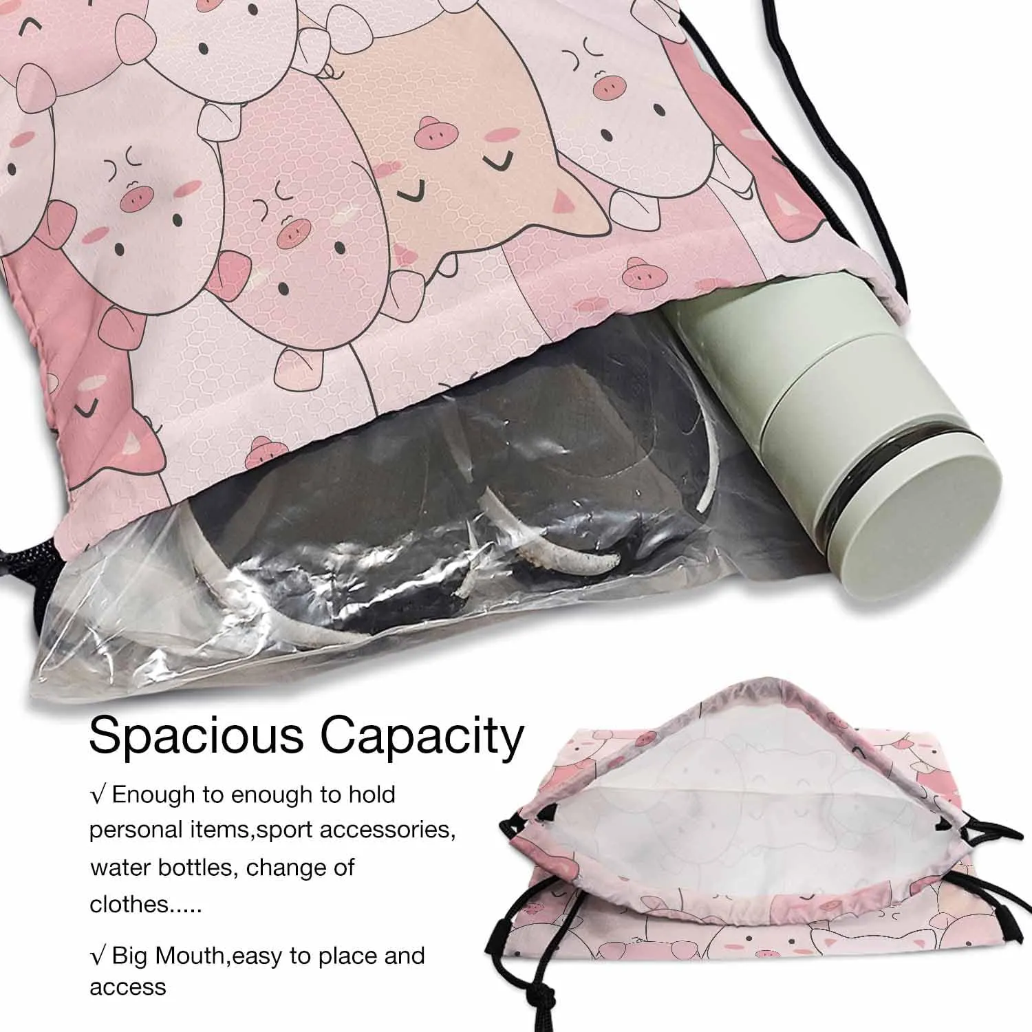 Drawstring Bag Cute Pigs Waterproof Basketball Bag Cartoon Funny Smile Animal Seamless Pattern Stroage Shoes Ball