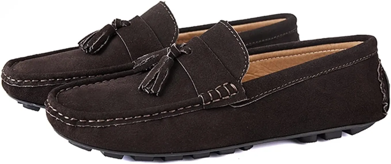 Driving Moccasins for Men Genuine Leather Tassel Stitching Details Round Toe Suede Vamp Flexible Lightweight Resistant Anti-Slip Flat Heel Driving for Any Attire