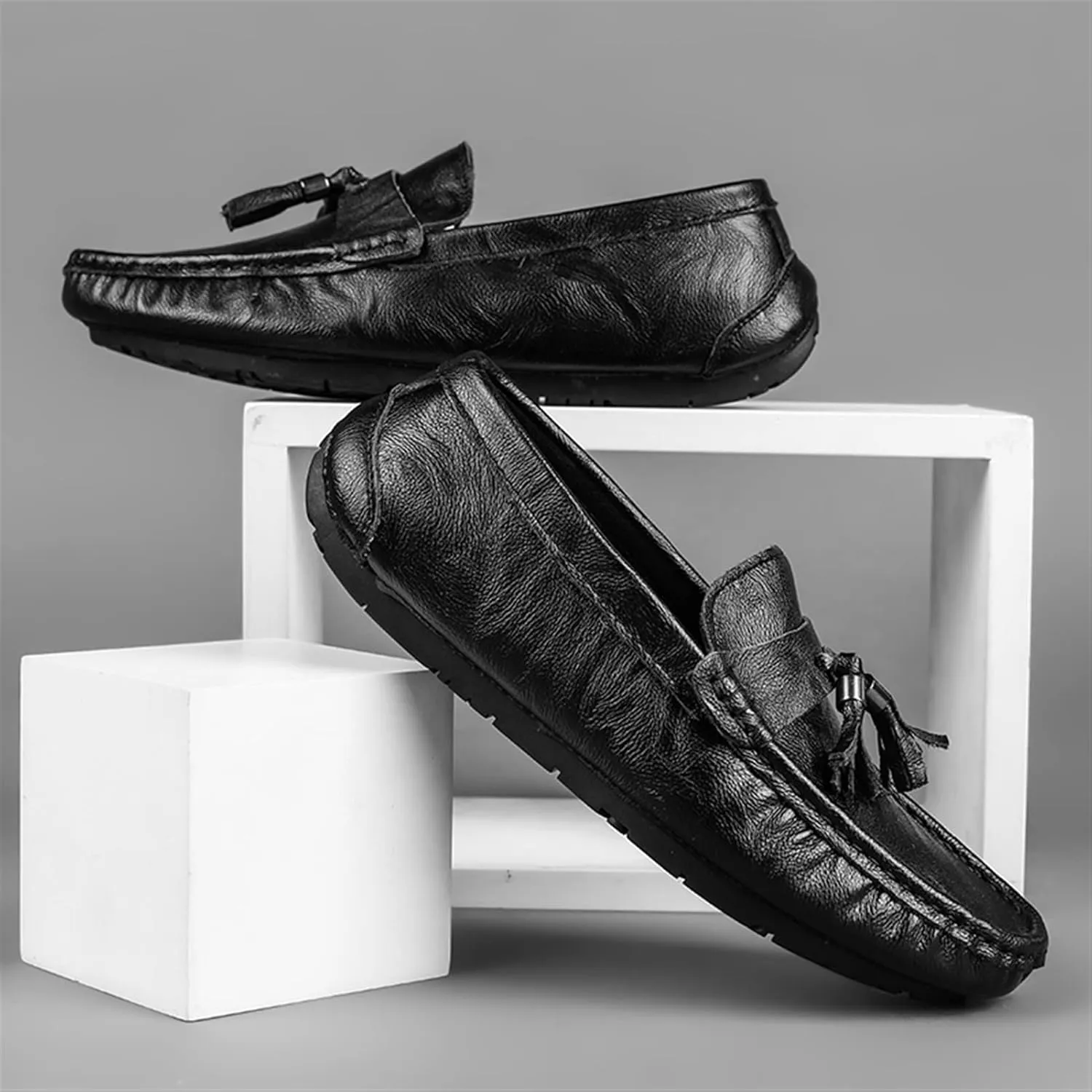 Easy to Put and Remove. Loafer Shoes for Men Genuine Leather Stitching Details Round Toe Tassel Anti-Slip Flat Heel Lightweight Walking Slip on for All Occasions
