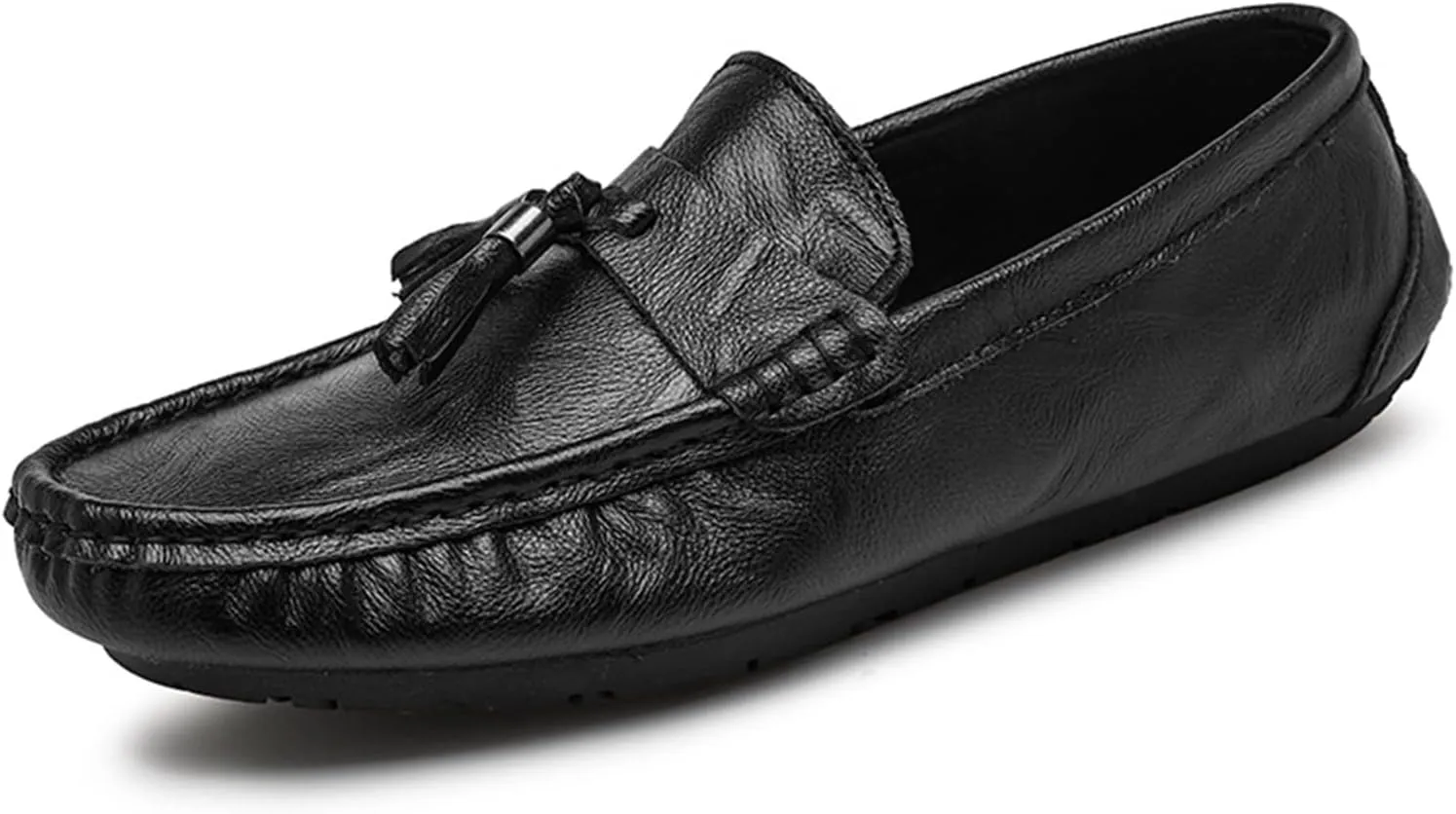 Easy to Put and Remove. Loafer Shoes for Men Genuine Leather Stitching Details Round Toe Tassel Anti-Slip Flat Heel Lightweight Walking Slip on for All Occasions