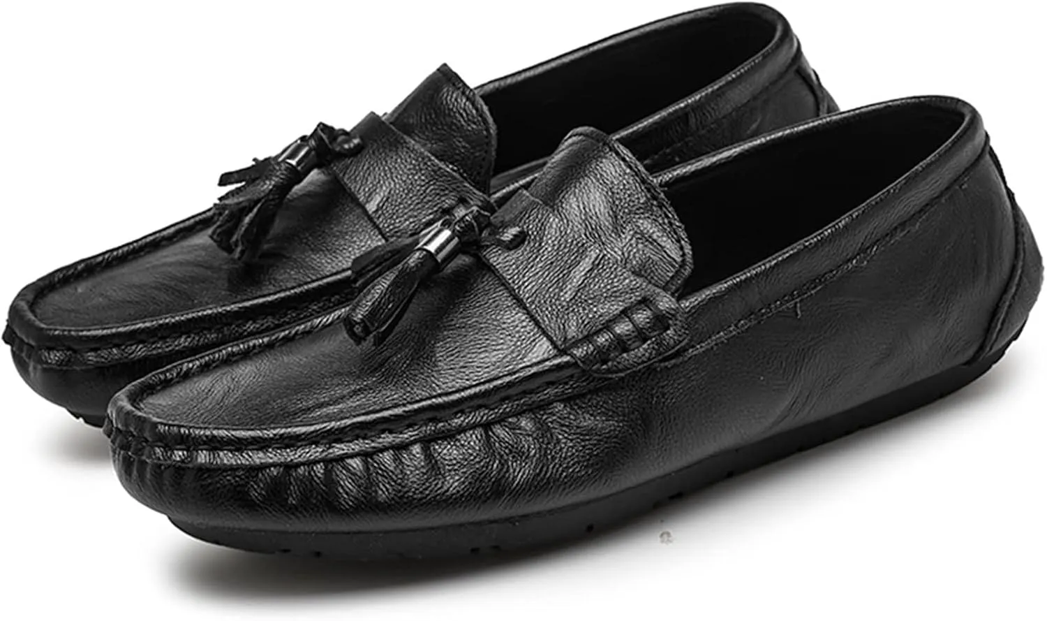 Easy to Put and Remove. Loafer Shoes for Men Genuine Leather Stitching Details Round Toe Tassel Anti-Slip Flat Heel Lightweight Walking Slip on for All Occasions