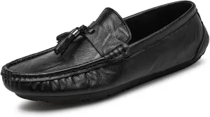 Easy to Put and Remove. Loafer Shoes for Men Genuine Leather Stitching Details Round Toe Tassel Anti-Slip Flat Heel Lightweight Walking Slip on for All Occasions