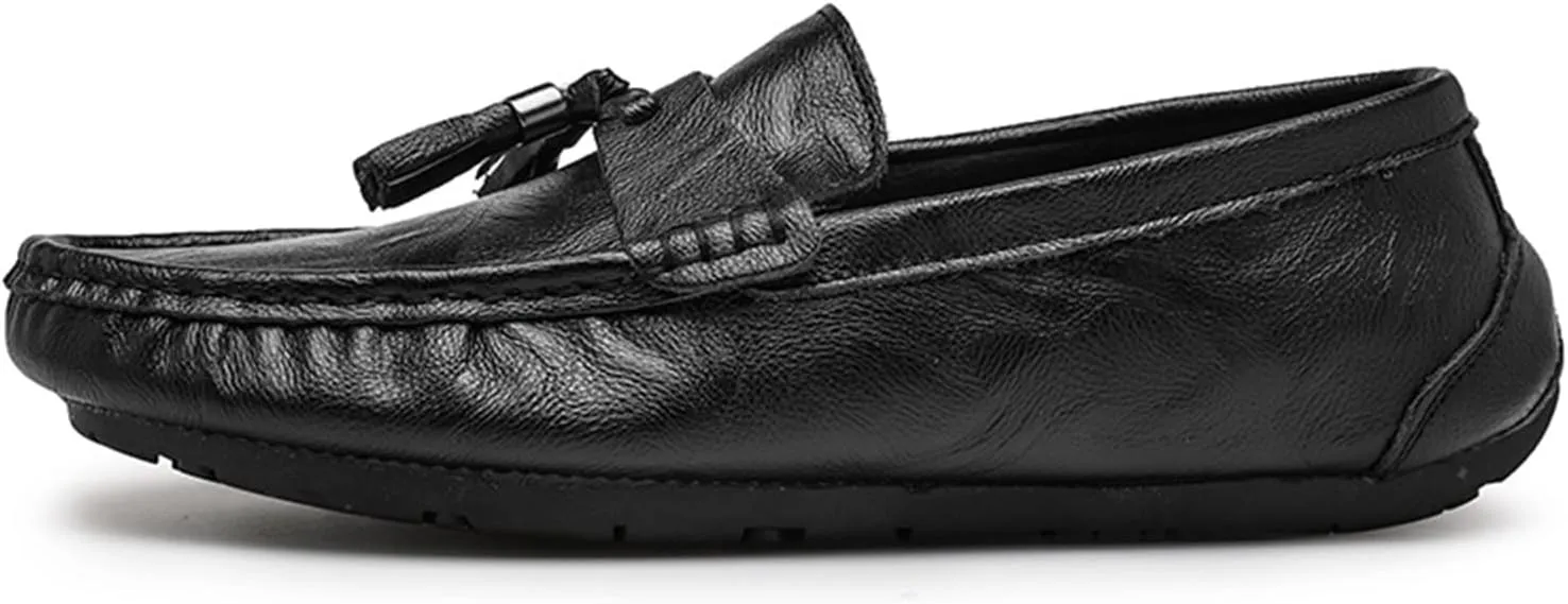 Easy to Put and Remove. Loafer Shoes for Men Genuine Leather Stitching Details Round Toe Tassel Anti-Slip Flat Heel Lightweight Walking Slip on for All Occasions
