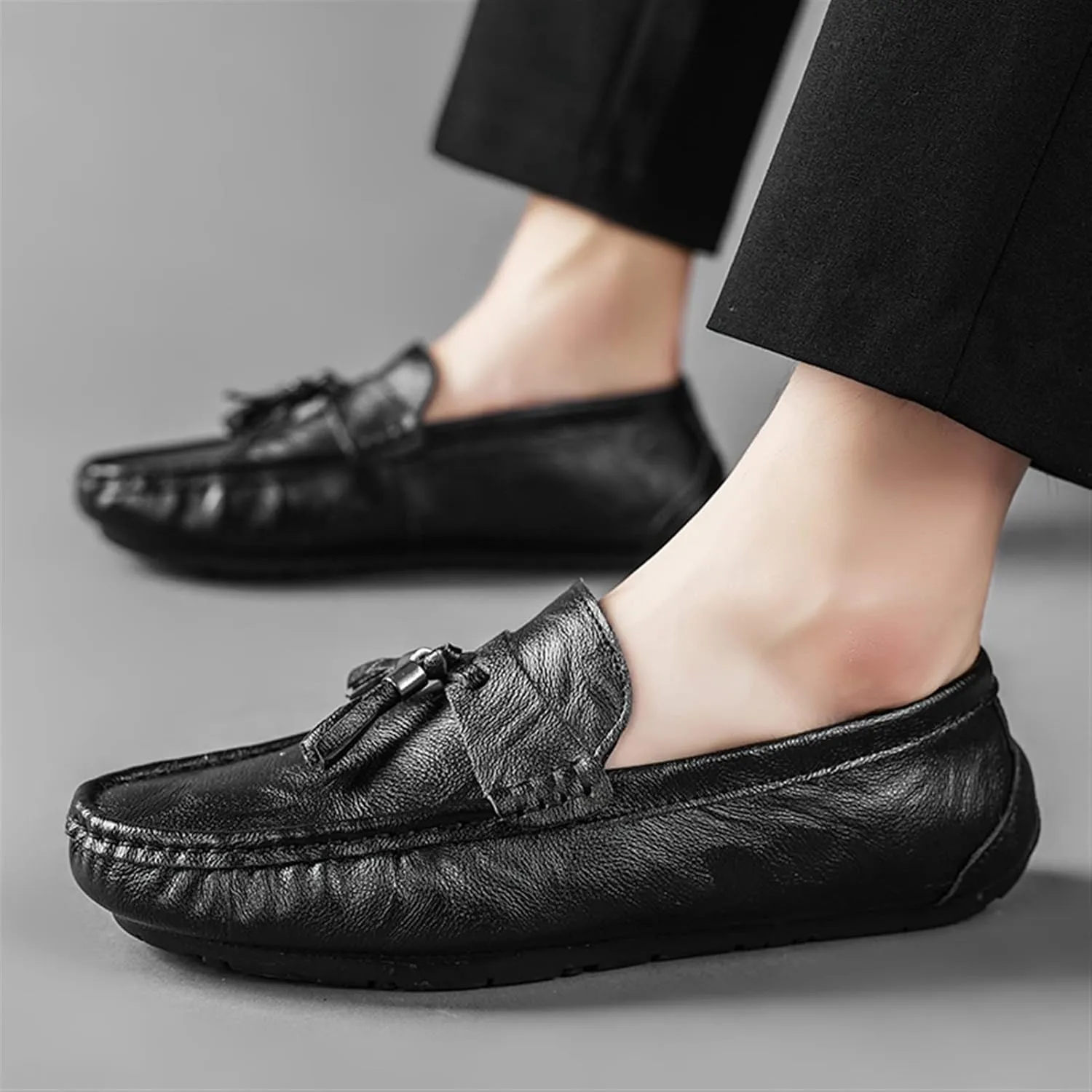 Easy to Put and Remove. Loafer Shoes for Men Genuine Leather Stitching Details Round Toe Tassel Anti-Slip Flat Heel Lightweight Walking Slip on for All Occasions