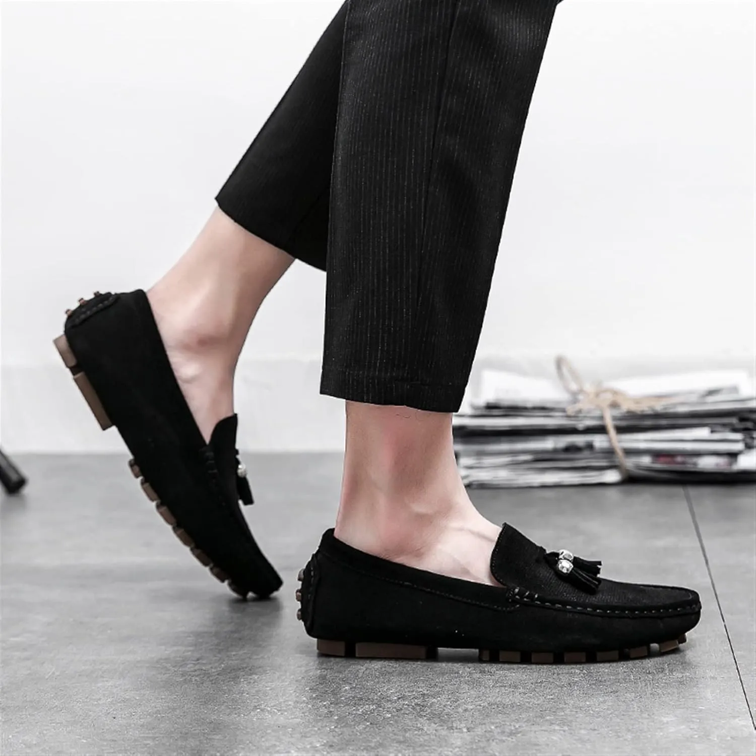 Easy to Put and Remove. Loafer Shoes for Men Genuine Leather Stitching Details Round Toe Tassel Suede Vamp Perforated Resistant Anti-Slip Flat Heel Outdoor Slip on for All Occasions