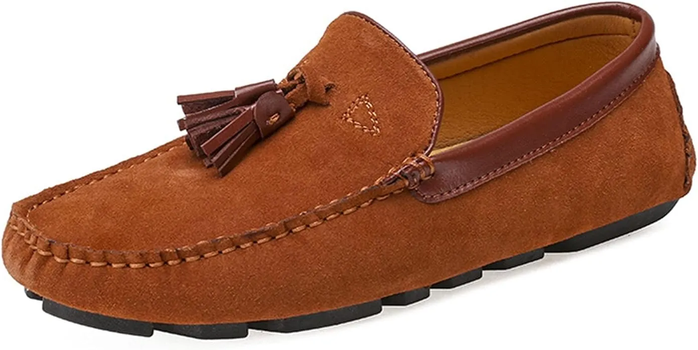 Easy to Put and Remove. Shoes Smoking Loafer for Men Tassel Suede Vamp Genuine Leather Round Toe Soft Flat Heel Resistant Flexible Casual Slip On for All Occasions