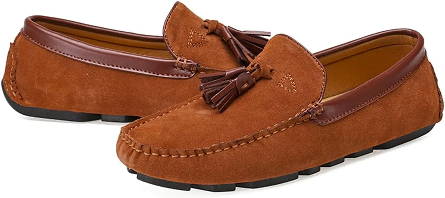 Easy to Put and Remove. Shoes Smoking Loafer for Men Tassel Suede Vamp Genuine Leather Round Toe Soft Flat Heel Resistant Flexible Casual Slip On for All Occasions