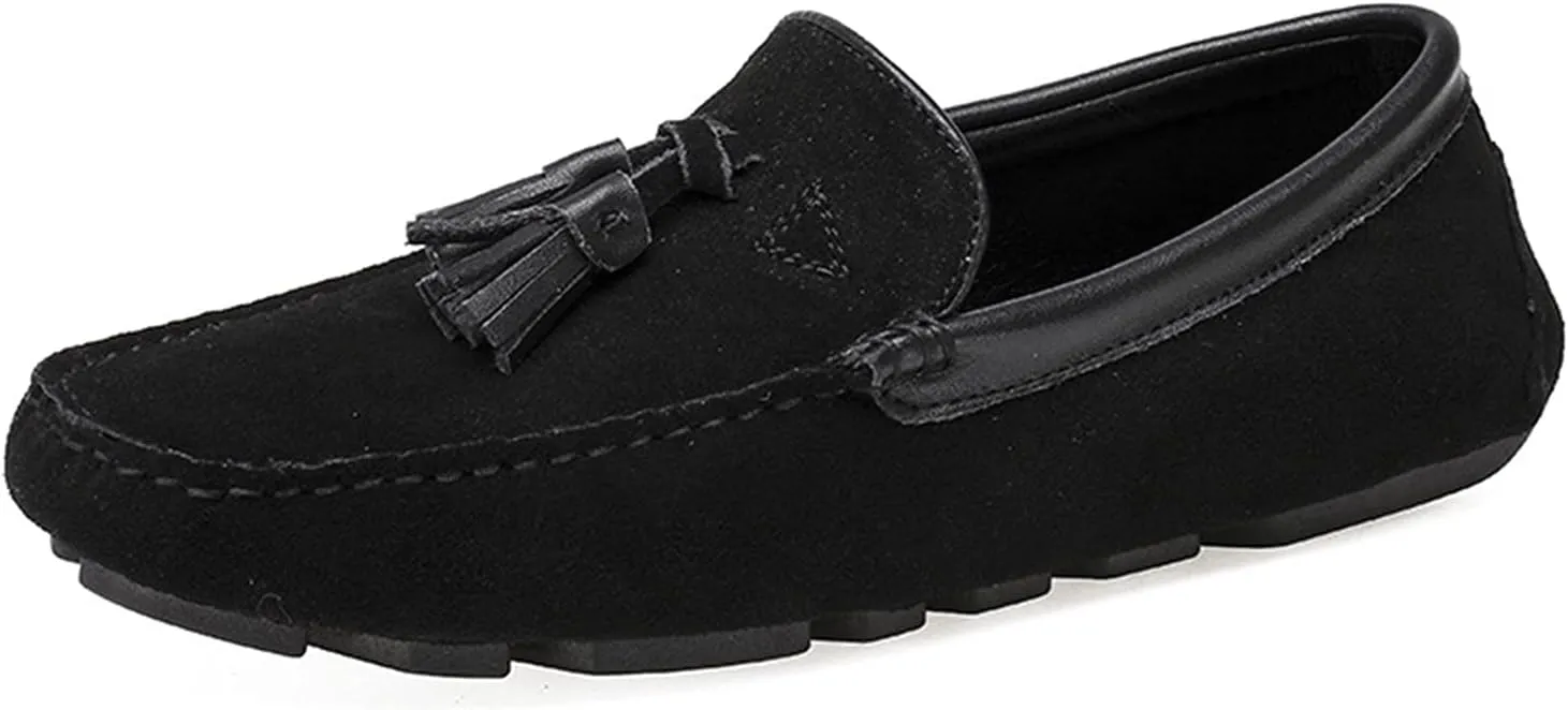 Easy to Put and Remove. Shoes Smoking Loafer for Men Tassel Suede Vamp Genuine Leather Round Toe Soft Flat Heel Resistant Flexible Casual Slip On for All Occasions