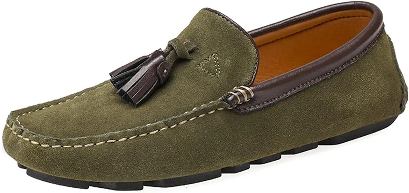 Easy to Put and Remove. Shoes Smoking Loafer for Men Tassel Suede Vamp Genuine Leather Round Toe Soft Flat Heel Resistant Flexible Casual Slip On for All Occasions