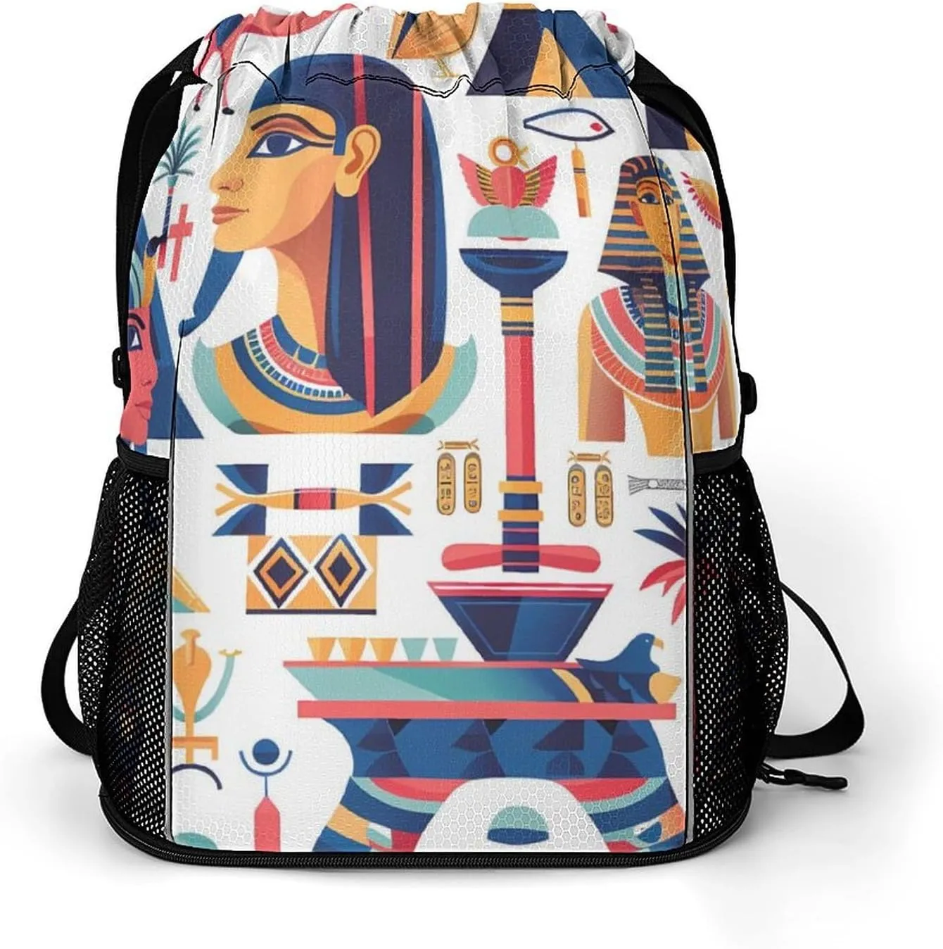 Egyptian Symbols And Elements Drawstring Backpack String Bag Sports Gym Sackpack with Side Pocket Shoes Compartment