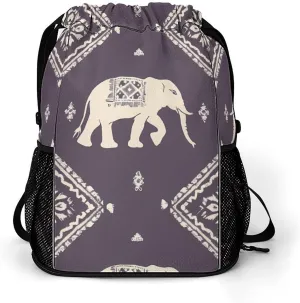 Elephant And Aztec Indian Pattern Drawstring Backpack String Bag Sports Gym Sackpack with Side Pocket Shoes Compartment