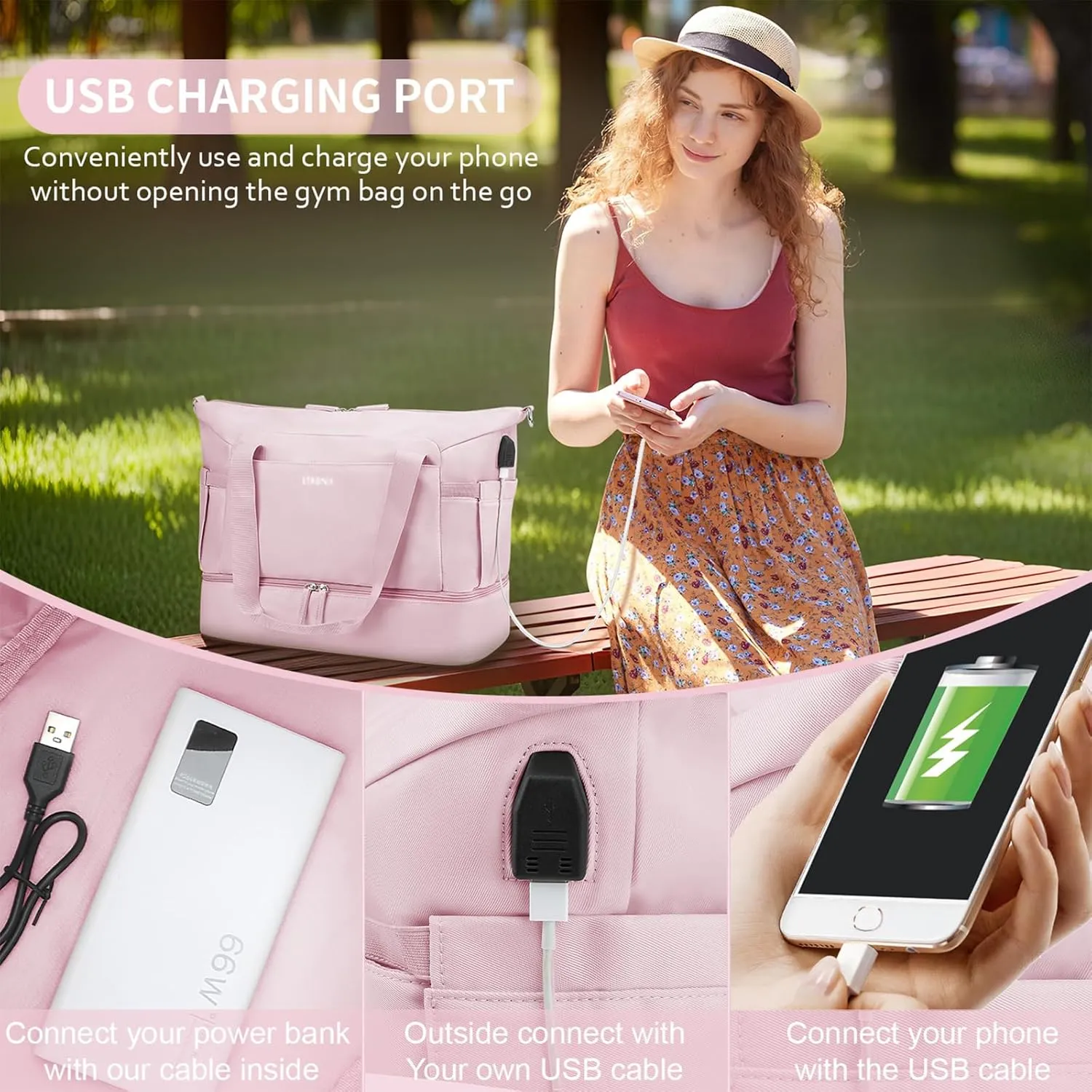 ETRONIK Weekender Bag for Women, Gym Bag with Shoes Compartment, Pink, Medium, Gym Bag With Usb Charging Port