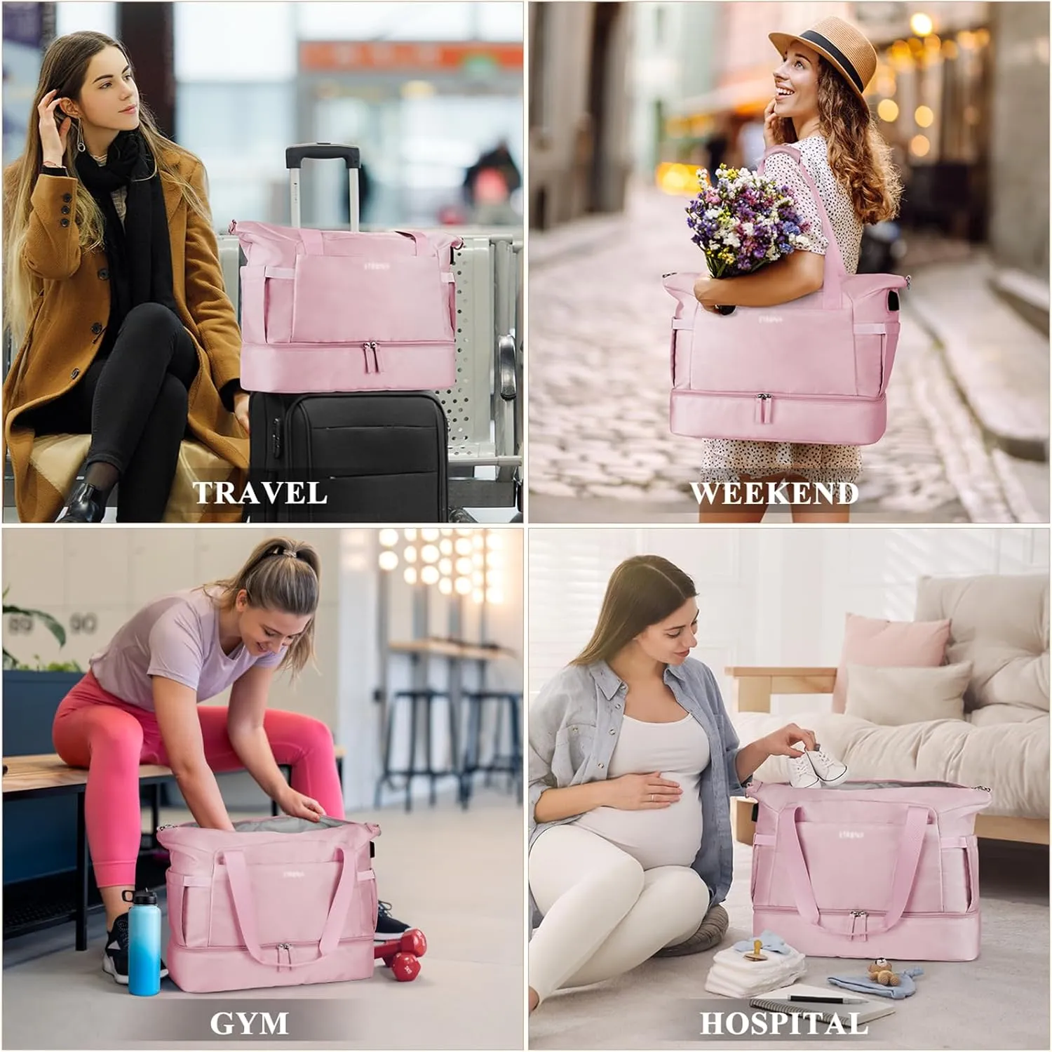 ETRONIK Weekender Bag for Women, Gym Bag with Shoes Compartment, Pink, Medium, Gym Bag With Usb Charging Port