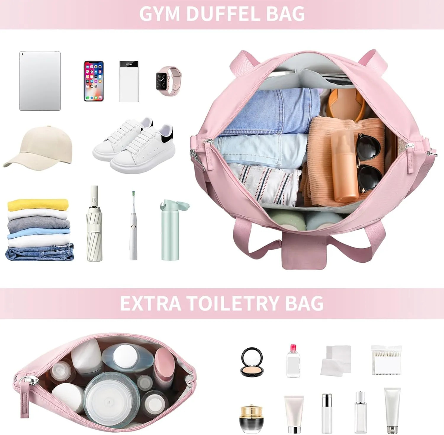 ETRONIK Weekender Bag for Women, Gym Bag with Shoes Compartment, Pink, Medium, Gym Bag With Usb Charging Port