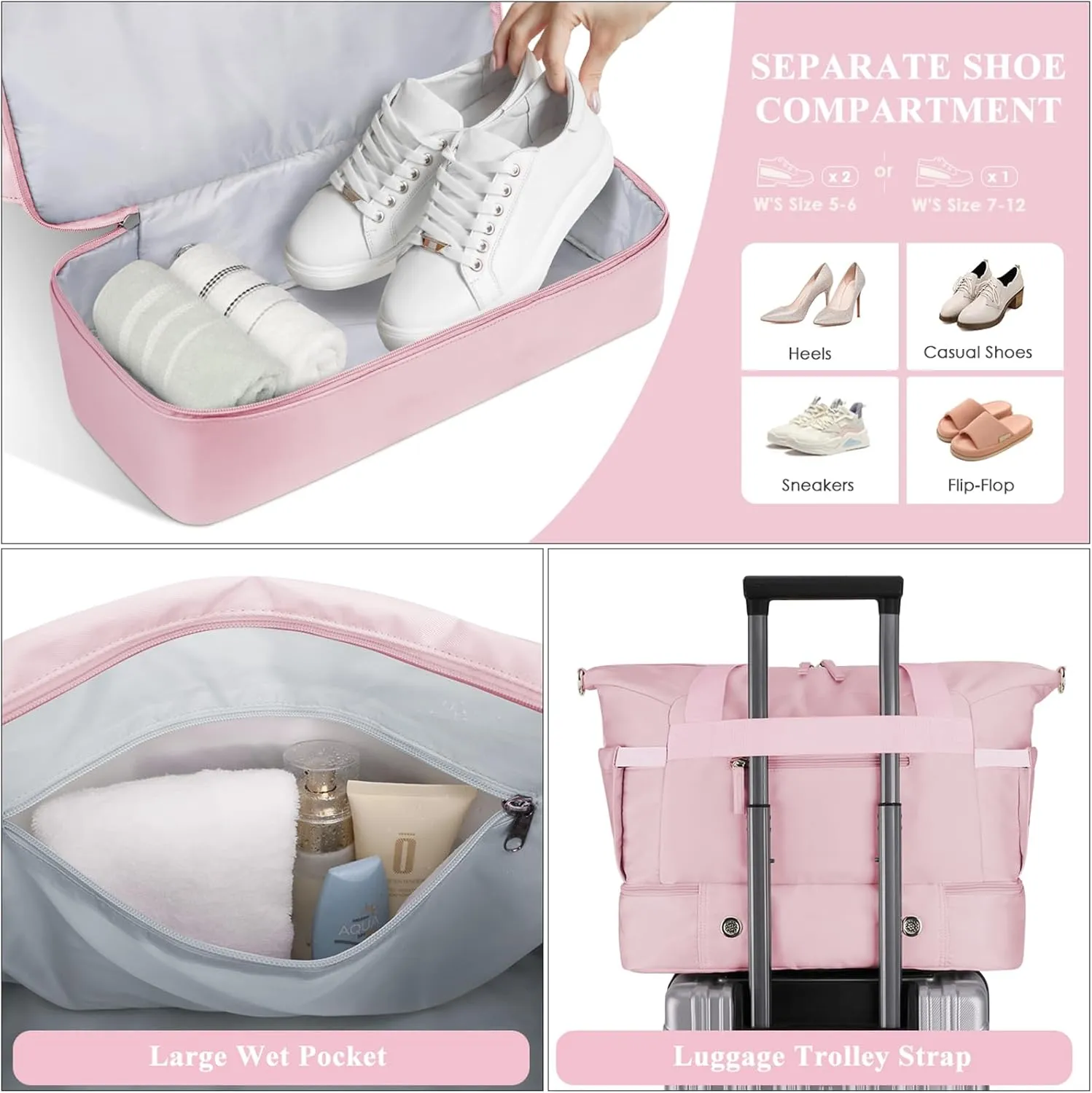 ETRONIK Weekender Bag for Women, Gym Bag with Shoes Compartment, Pink, Medium, Gym Bag With Usb Charging Port