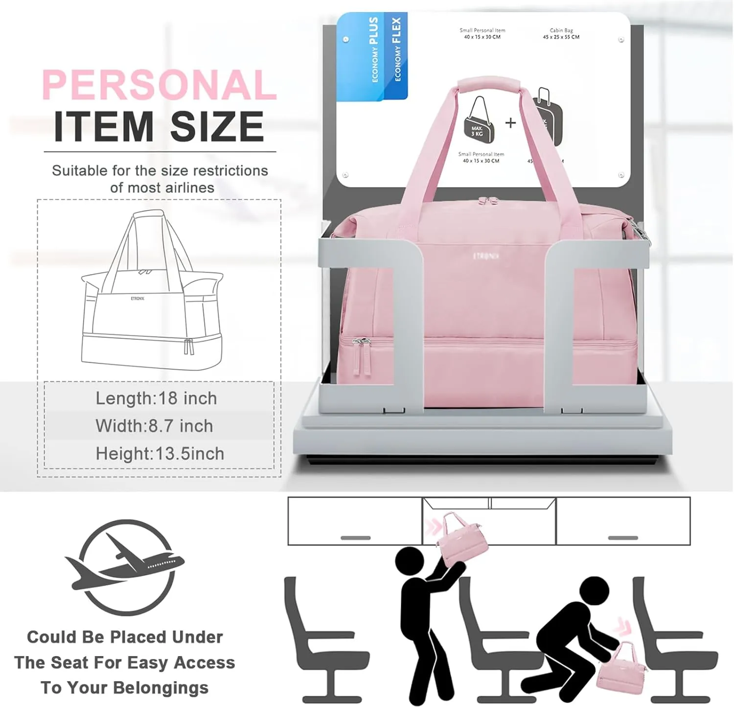 ETRONIK Weekender Bag for Women, Gym Bag with Shoes Compartment, Pink, Medium, Gym Bag With Usb Charging Port