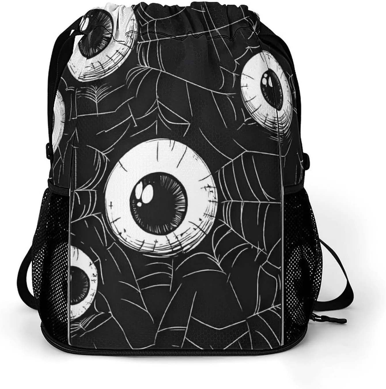 Eyeball on Spider Web Drawstring Backpack String Bag Sports Gym Sackpack with Side Pocket Shoes Compartment