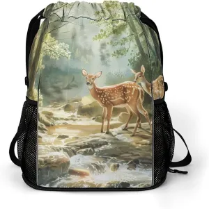 Fairytales Deer Fawn Forests Animal Drawstring Backpack String Bag Sports Gym Sackpack with Side Pocket Shoes Compartment