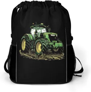 Farm Tractor Drawstring Backpack String Bag Sports Gym Sackpack with Side Pocket Shoes Compartment