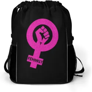 Feminist Female Power Drawstring Backpack String Bag Sports Gym Sackpack with Side Pocket Shoes Compartment