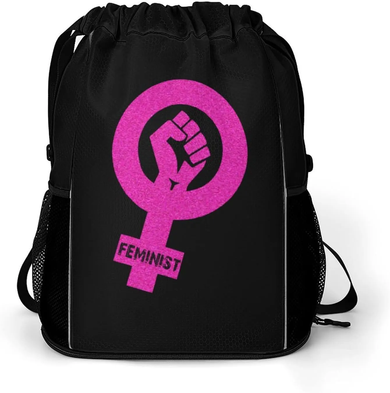 Feminist Female Power Drawstring Backpack String Bag Sports Gym Sackpack with Side Pocket Shoes Compartment