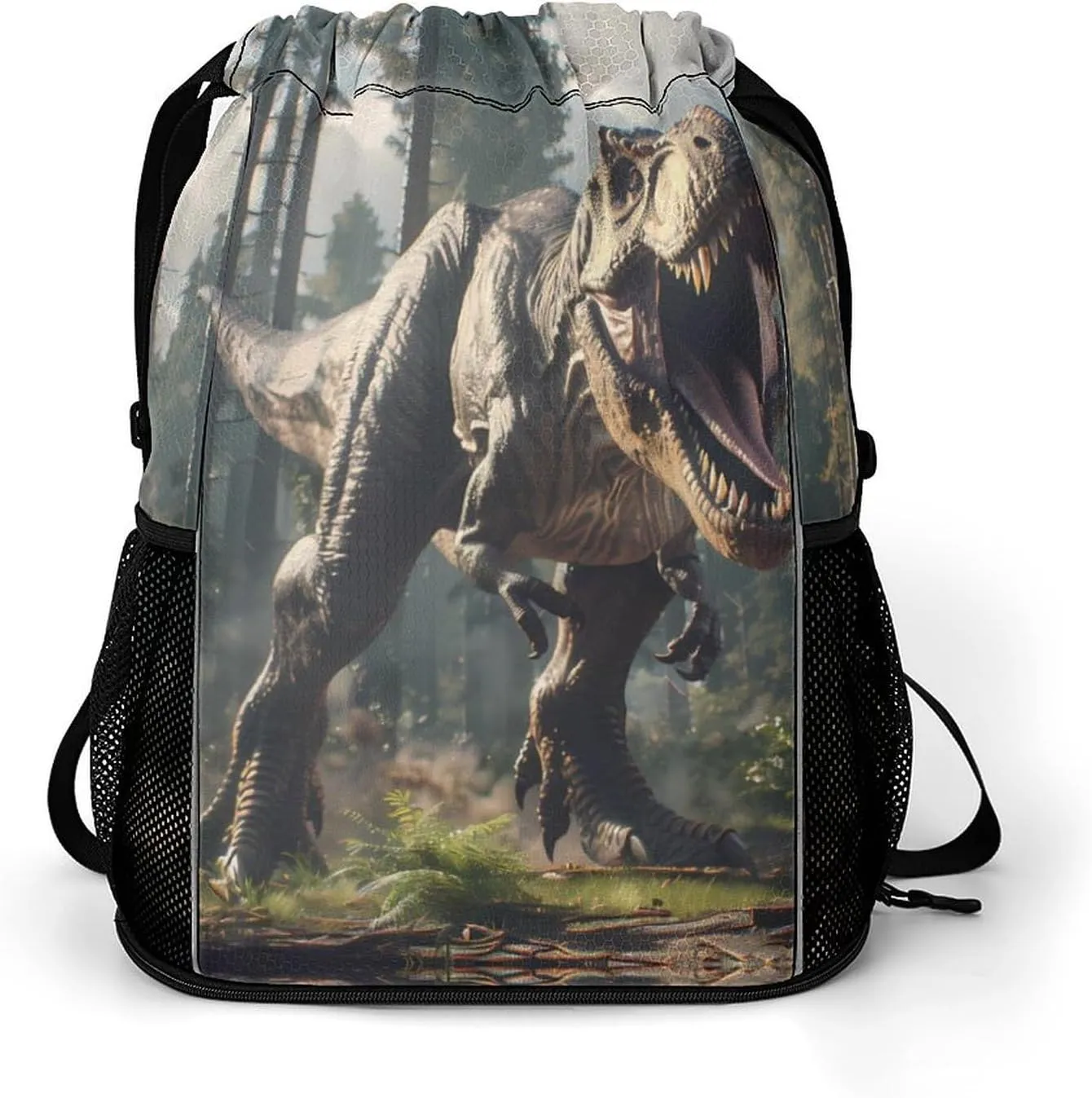 Fierce Dinosaur Drawstring Backpack String Bag Sports Gym Sackpack with Side Pocket Shoes Compartment