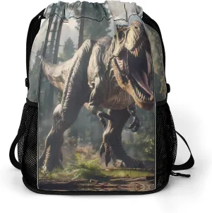 Fierce Dinosaur Drawstring Backpack String Bag Sports Gym Sackpack with Side Pocket Shoes Compartment
