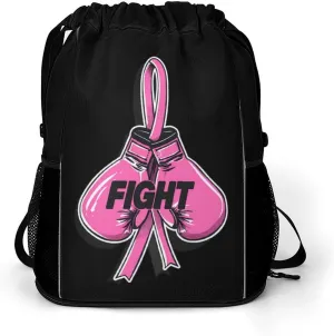 Fight Breast Cancer Awareness Fighter Drawstring Backpack String Bag Sports Gym Sackpack with Side Pocket Shoes Compartment