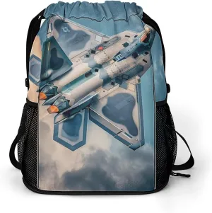 Fighter Plane in The Sky Drawstring Backpack String Bag Sports Gym Sackpack with Side Pocket Shoes Compartment