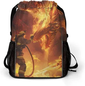 Firefighter Fighting Against Flames Dragon Drawstring Backpack String Bag Sports Gym Sackpack with Side Pocket Shoes Compartment