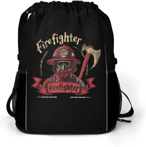 Firefighter Saver Drawstring Backpack String Bag Sports Gym Sackpack with Side Pocket Shoes Compartment