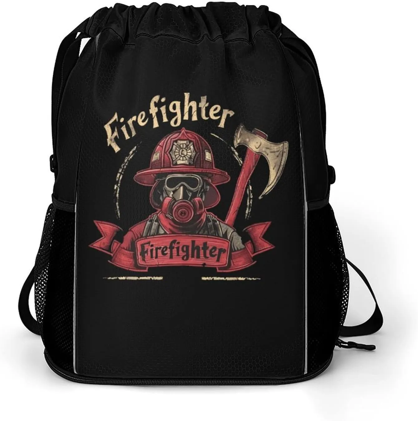 Firefighter Saver Drawstring Backpack String Bag Sports Gym Sackpack with Side Pocket Shoes Compartment