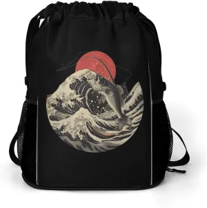 Fishing on The Waves Drawstring Backpack String Bag Sports Gym Sackpack with Side Pocket Shoes Compartment