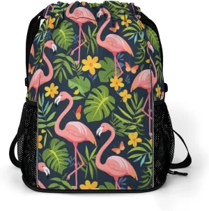 Flamingos Monstera Small Yellow Flower Drawstring Backpack String Bag Sports Gym Sackpack with Side Pocket Shoes Compartment