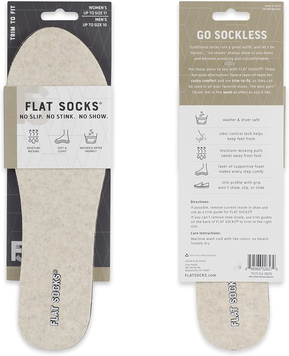 FLAT SOCKS Womens No Show Socks, Sockless Shoe Liner, No Slipping, No Stinking, Washable Barefoot Shoe Insert, Classic
