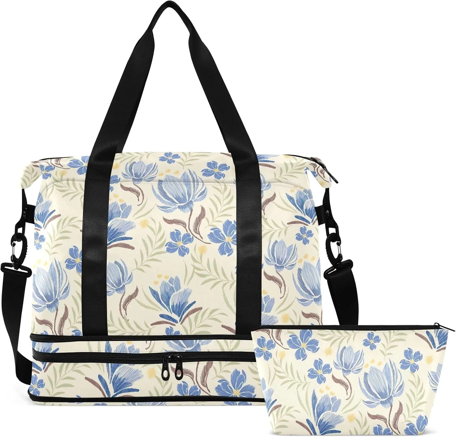 Floral Blue Travel Duffel Bag Expandable Travel Bags for Women Carry on with Wet Pocket and Shoes Compartment