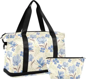 Floral Blue Travel Duffel Bag Expandable Travel Bags for Women Carry on with Wet Pocket and Shoes Compartment