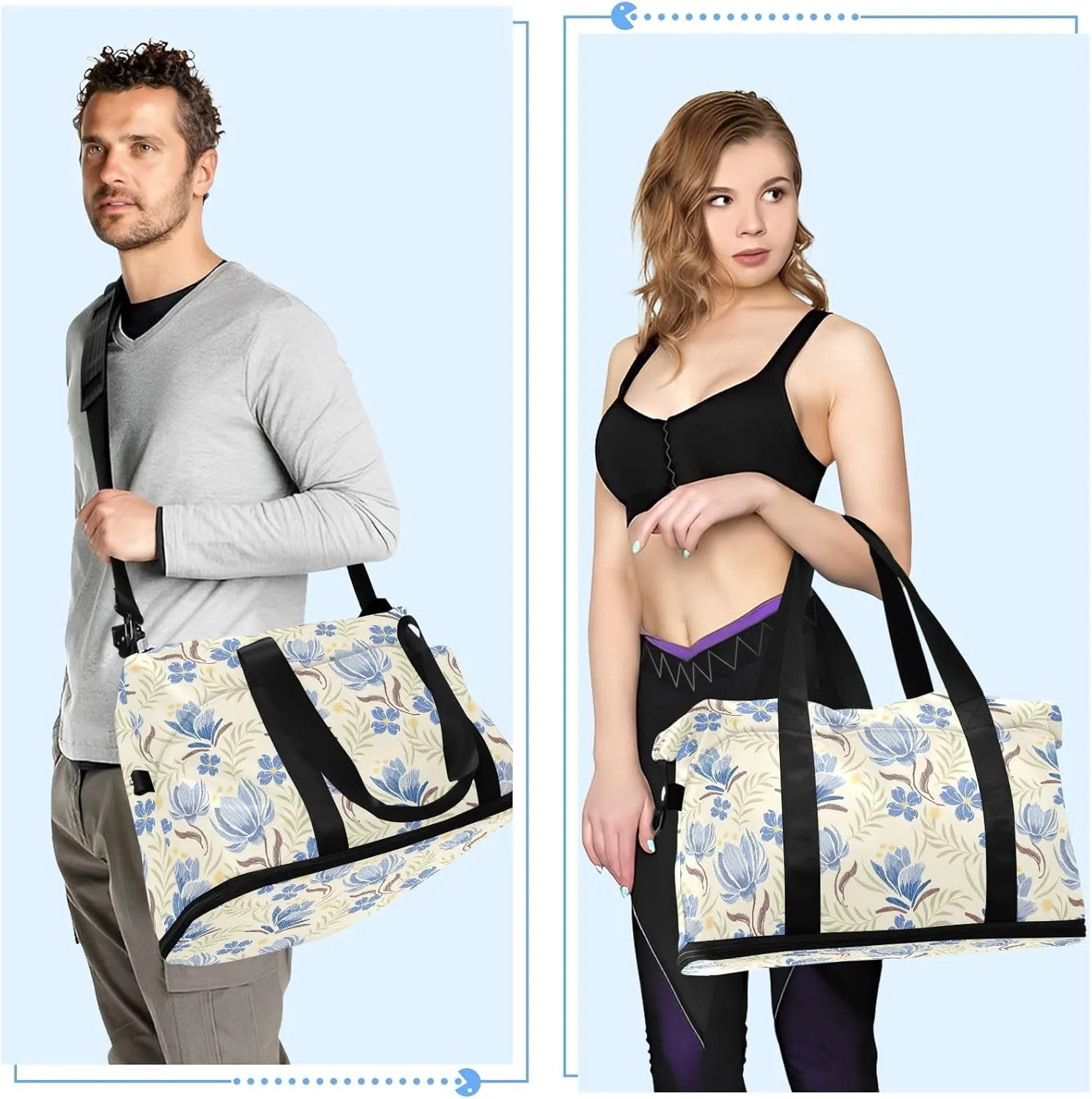 Floral Blue Travel Duffel Bag Expandable Travel Bags for Women Carry on with Wet Pocket and Shoes Compartment