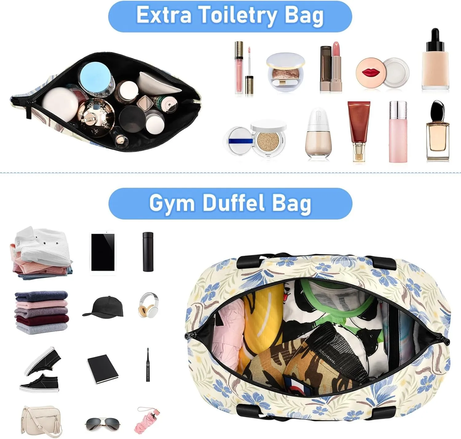 Floral Blue Travel Duffel Bag Expandable Travel Bags for Women Carry on with Wet Pocket and Shoes Compartment