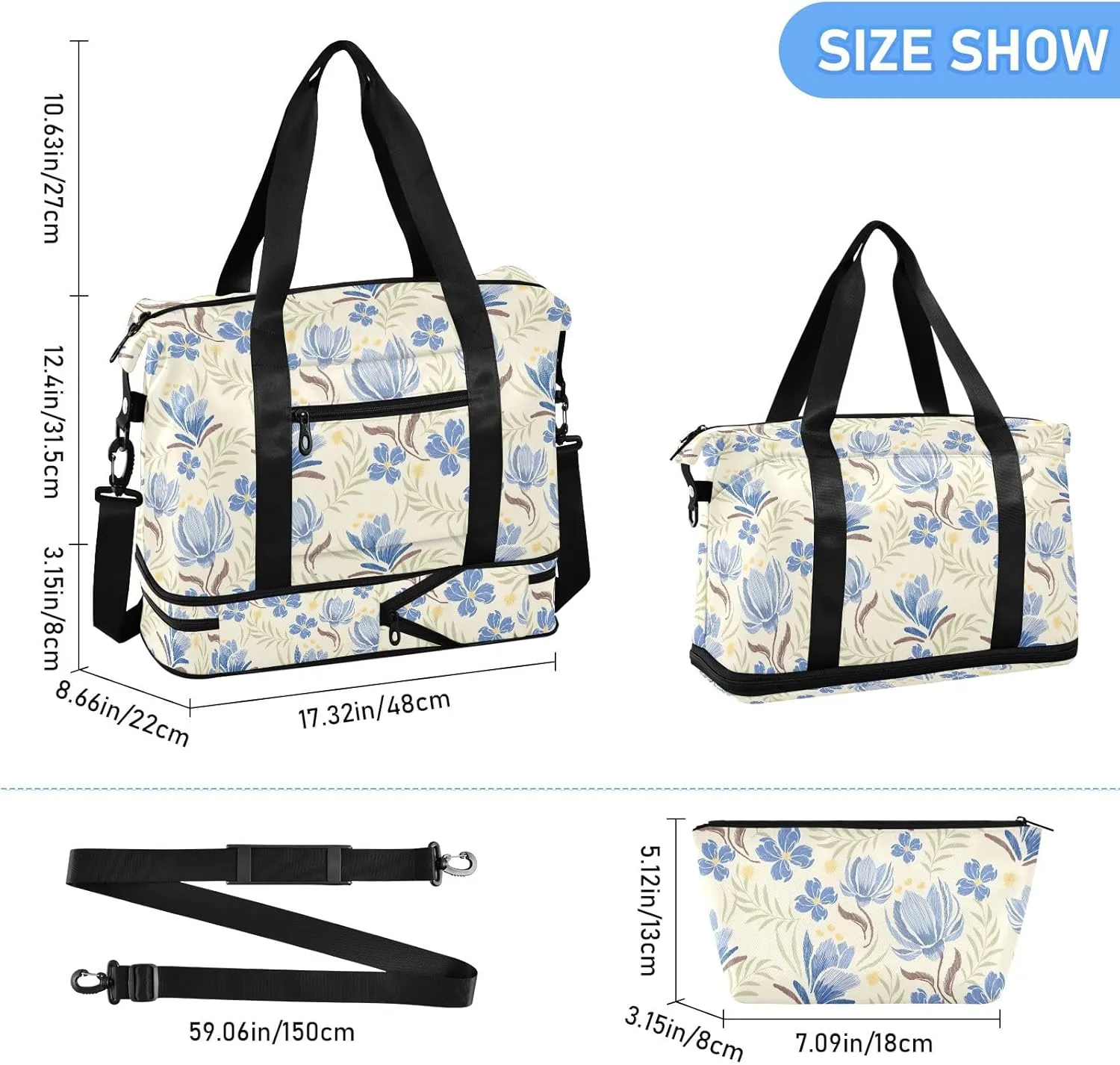Floral Blue Travel Duffel Bag Expandable Travel Bags for Women Carry on with Wet Pocket and Shoes Compartment