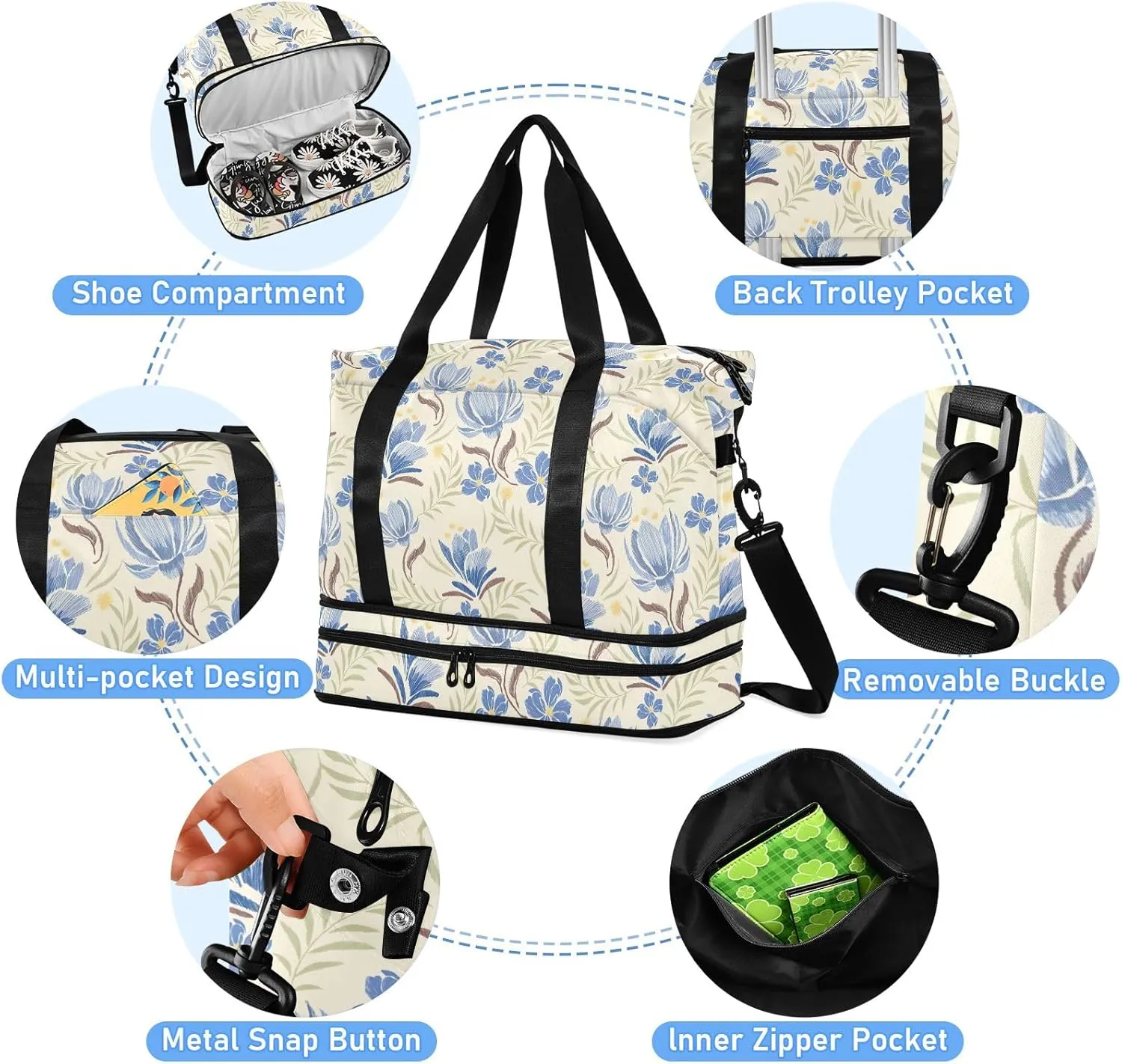 Floral Blue Travel Duffel Bag Expandable Travel Bags for Women Carry on with Wet Pocket and Shoes Compartment