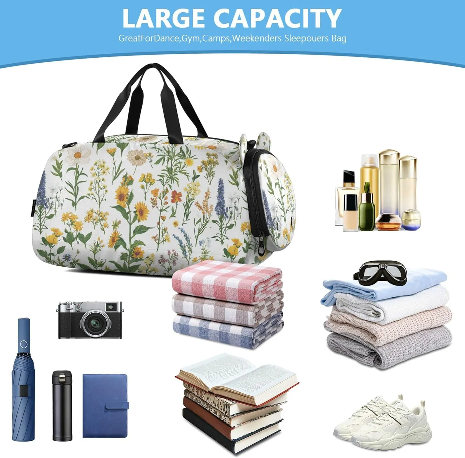 Florals Sunflower Kids Cute Gym Bag with Shoes Compartment Large Capacity Overnight Bag for Travel, Sports, Fitness & Workout
