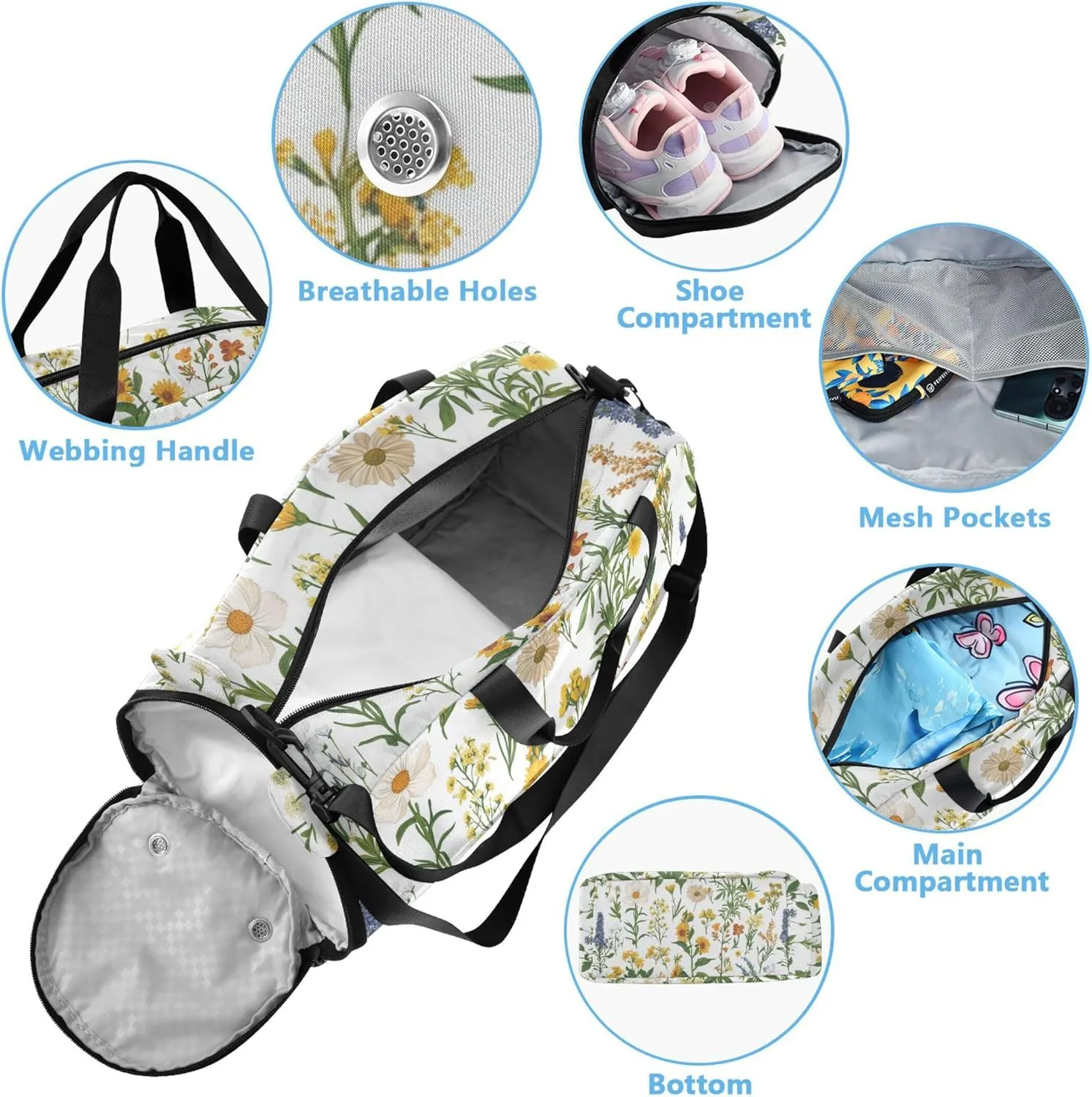 Florals Sunflower Kids Cute Gym Bag with Shoes Compartment Large Capacity Overnight Bag for Travel, Sports, Fitness & Workout