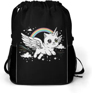 Fluffin Meowgical Unicorm Drawstring Backpack String Bag Sports Gym Sackpack with Side Pocket Shoes Compartment