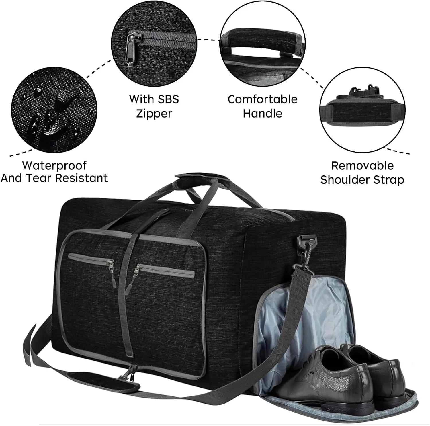 Foldable Travel Duffle Bag for Men, 65L Duffle Bag with Shoes Compartment (Black)