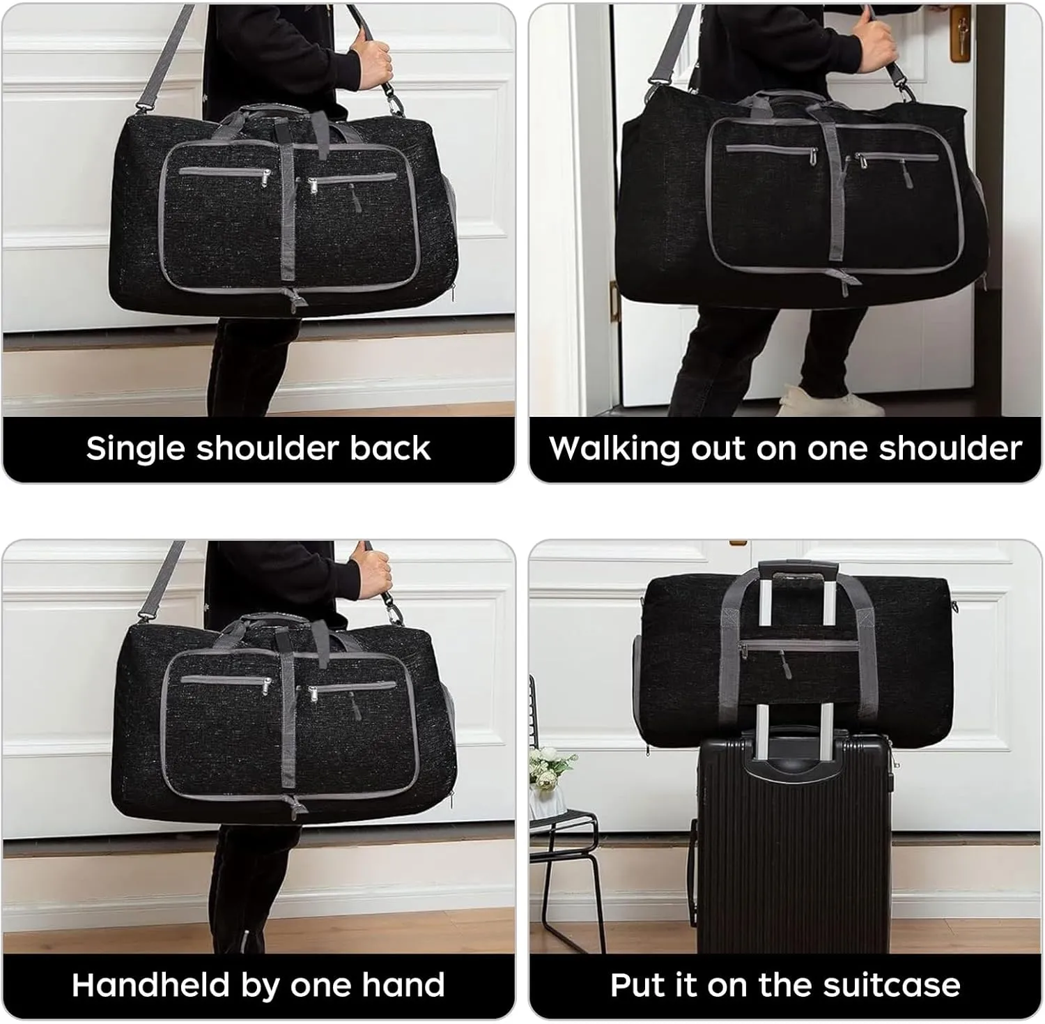 Foldable Travel Duffle Bag for Men, 65L Duffle Bag with Shoes Compartment (Black)
