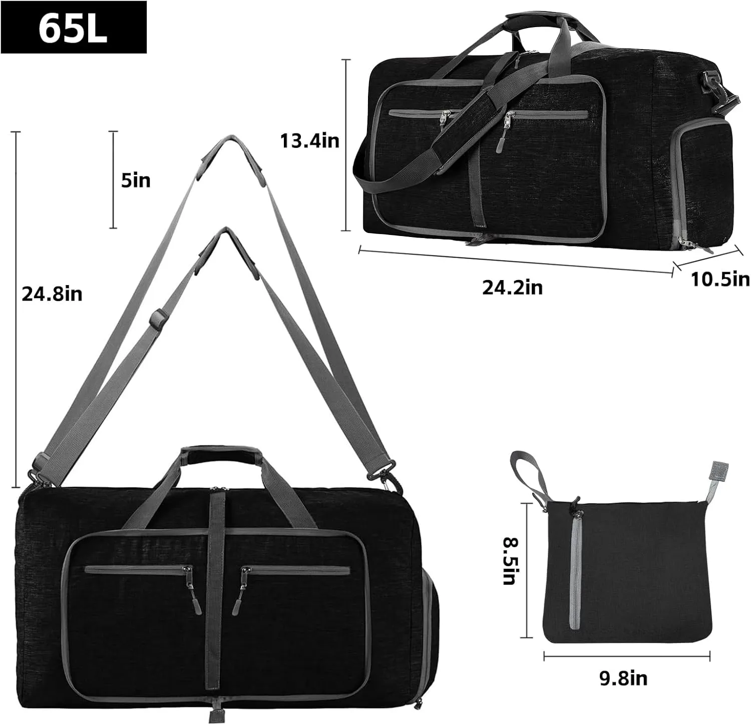 Foldable Travel Duffle Bag for Men, 65L Duffle Bag with Shoes Compartment (Black)