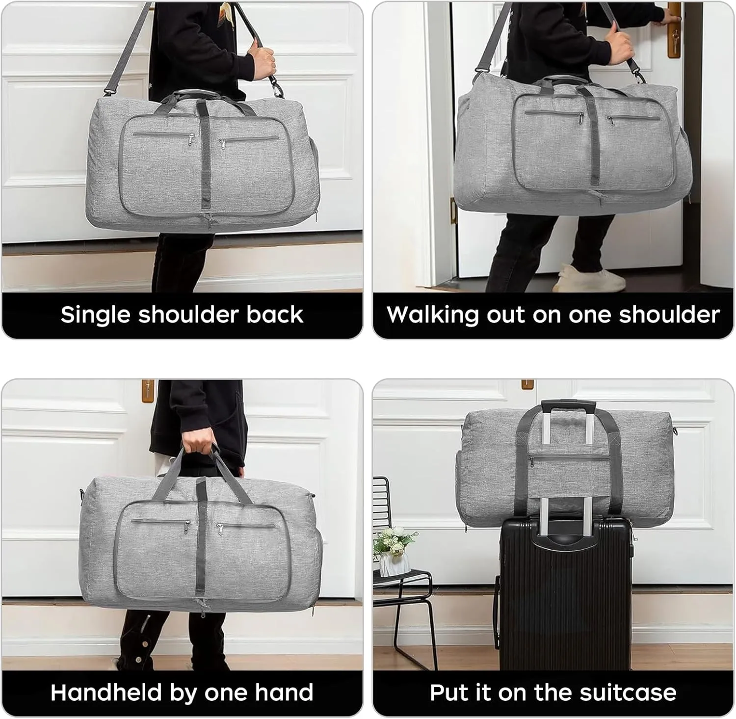 Foldable Travel Duffle Bag for Men, 65L Duffle Bag with Shoes Compartment (Grey)