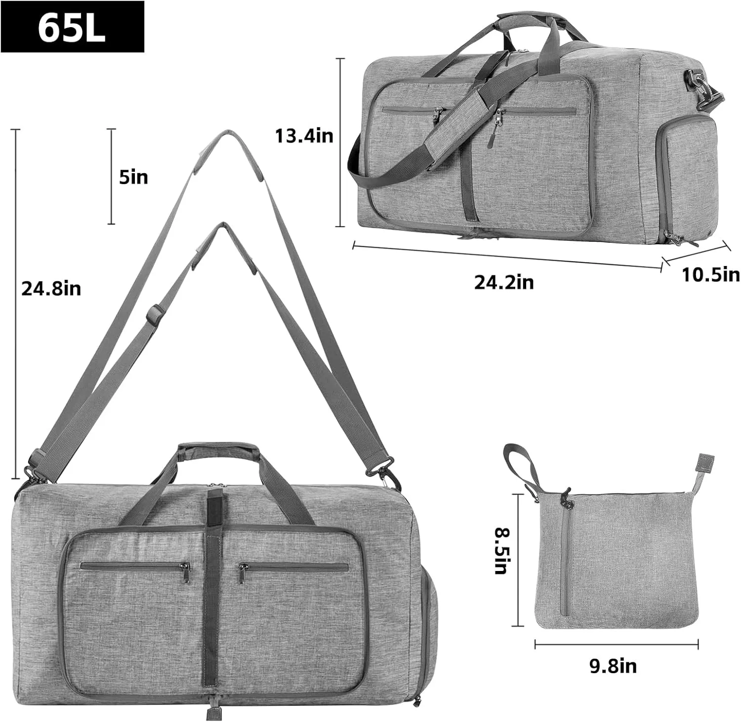 Foldable Travel Duffle Bag for Men, 65L Duffle Bag with Shoes Compartment (Grey)
